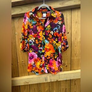 Travel Elements Vibrant Floral Sheer‎ Women's Small Blouse W/ Roll-up Sleeves